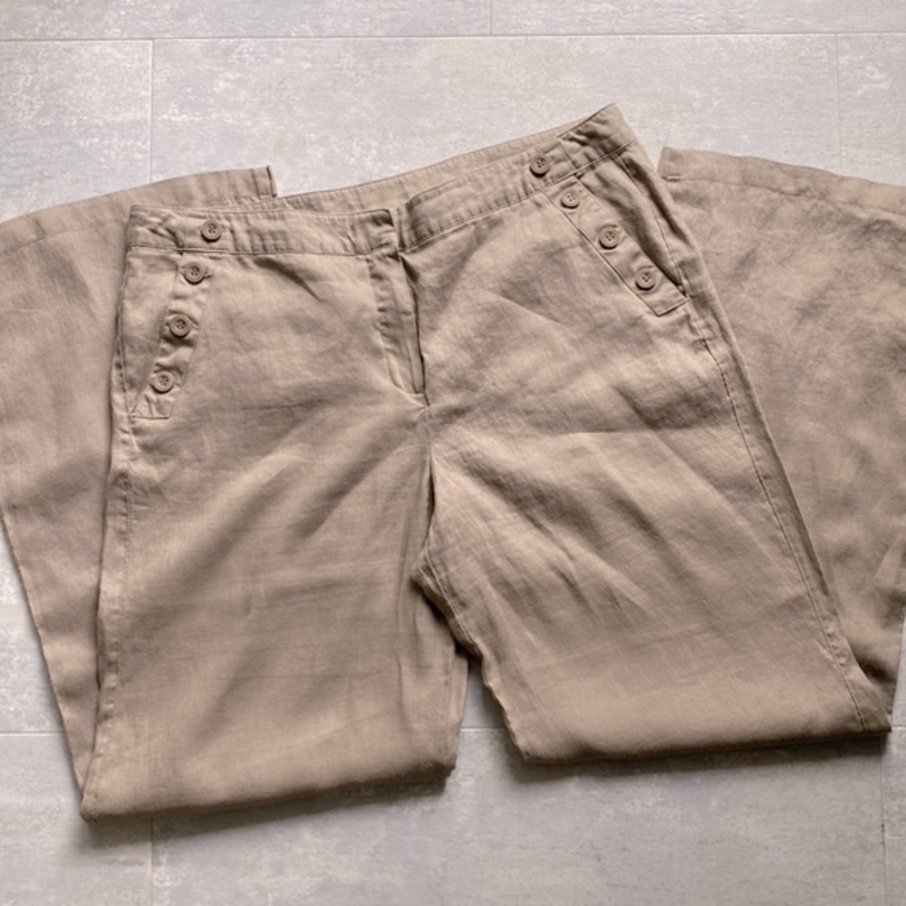 Sandro Linen Beige High Rise Button Wide Leg Pants Sz 14 EUC